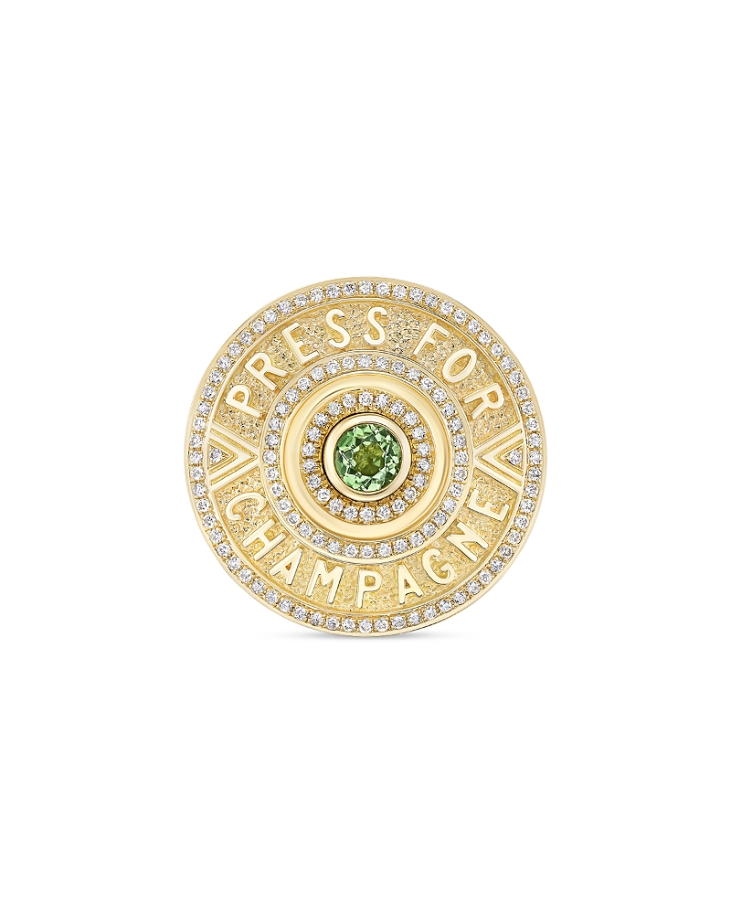 Harwell Godfrey 18K Yellow Gold Press for Champagne Green Tourmaline & Diamond Button Ring