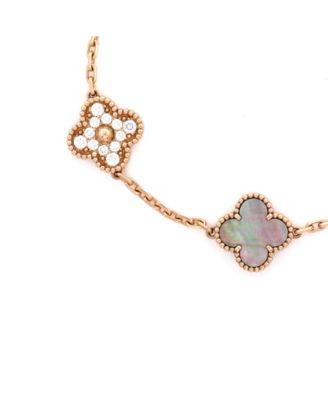  Vintage Alhambra 5 Motifs Bracelet 18K Rose Gold and Mother of Pearl with Diamonds