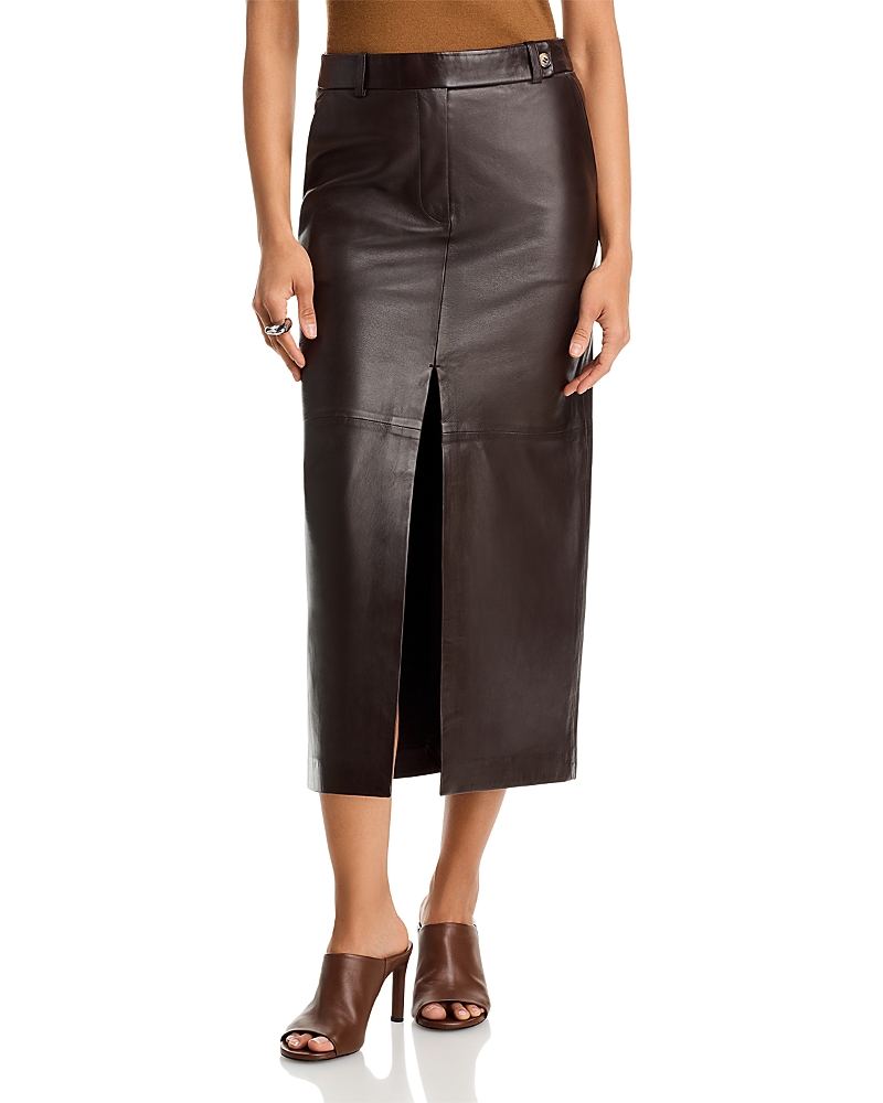 Co Double Slit Leather Pencil Skirt In Brown