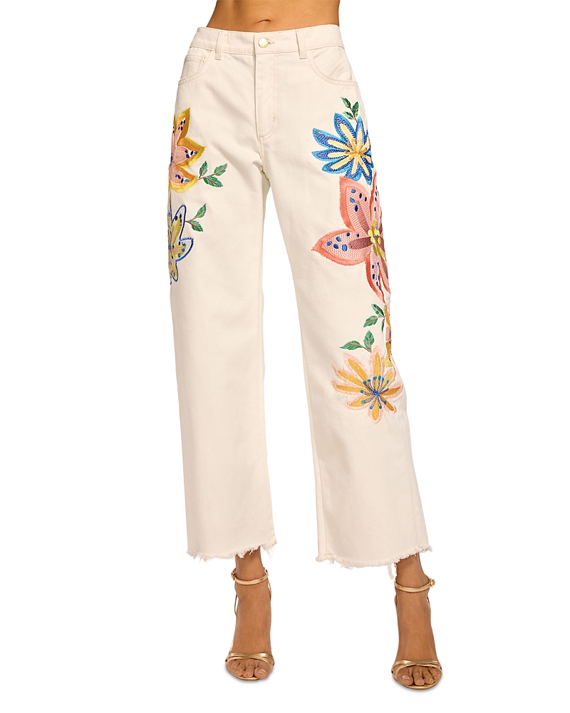 Ramy Brook Amber Embroidered High Rise Ankle Jeans in White Embroidered