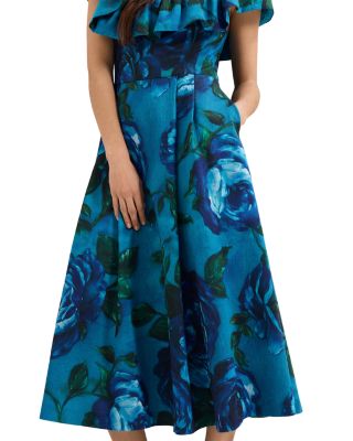 Brianne Blue Floral Ruffle Midi Dress