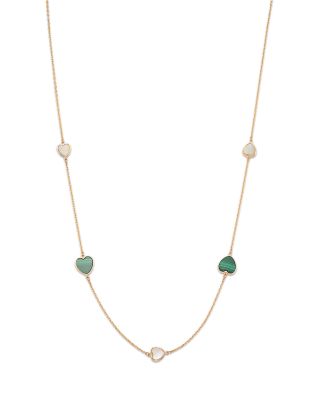 Malachite & Mother of Pearl Heart Bezel Station Necklace in 14K Yellow Gold, 16.5-17.5" 