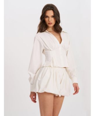  Sylvia Pinstripe Deep V Pleated Shirt