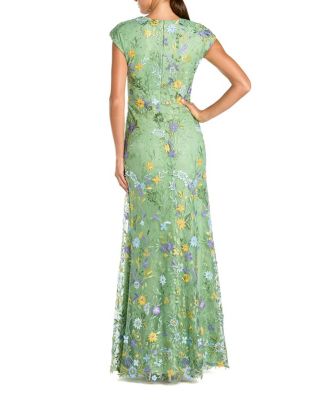 Faux Wrap Embroidered Cap Sleeve Gown