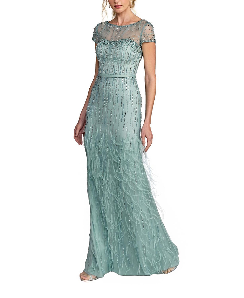 Mac Duggal Embellished Net Short Sleeve Feather Gown