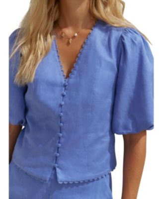  Women's Linen Puff Sleeve Top