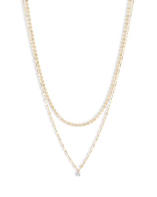 14K Yellow Gold Diamond Solitaire Layered Necklace, 15"