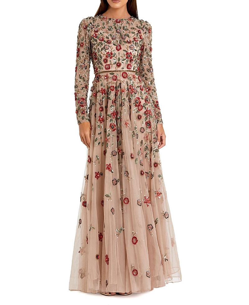 Mac Duggal Petite Embellished High Neck Long Sleeve A-Line Gown