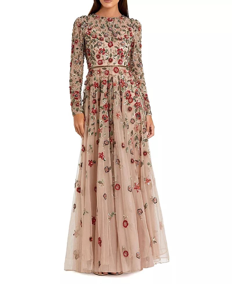 Mac Duggal Petite Embellished High Neck Long Sleeve A-Line Gown