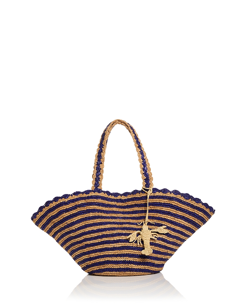 Aqua Stripe Fan Raffia Tote