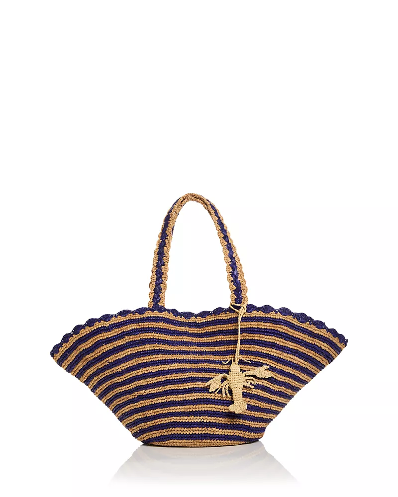 Aqua Stripe Fan Raffia Tote
