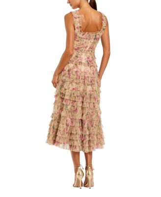  Floral Printed Sleeveless Ruffle Midi Dress