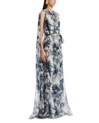 Draped Sleeve Large Chine Palm Leaves Silk Caftan Dress