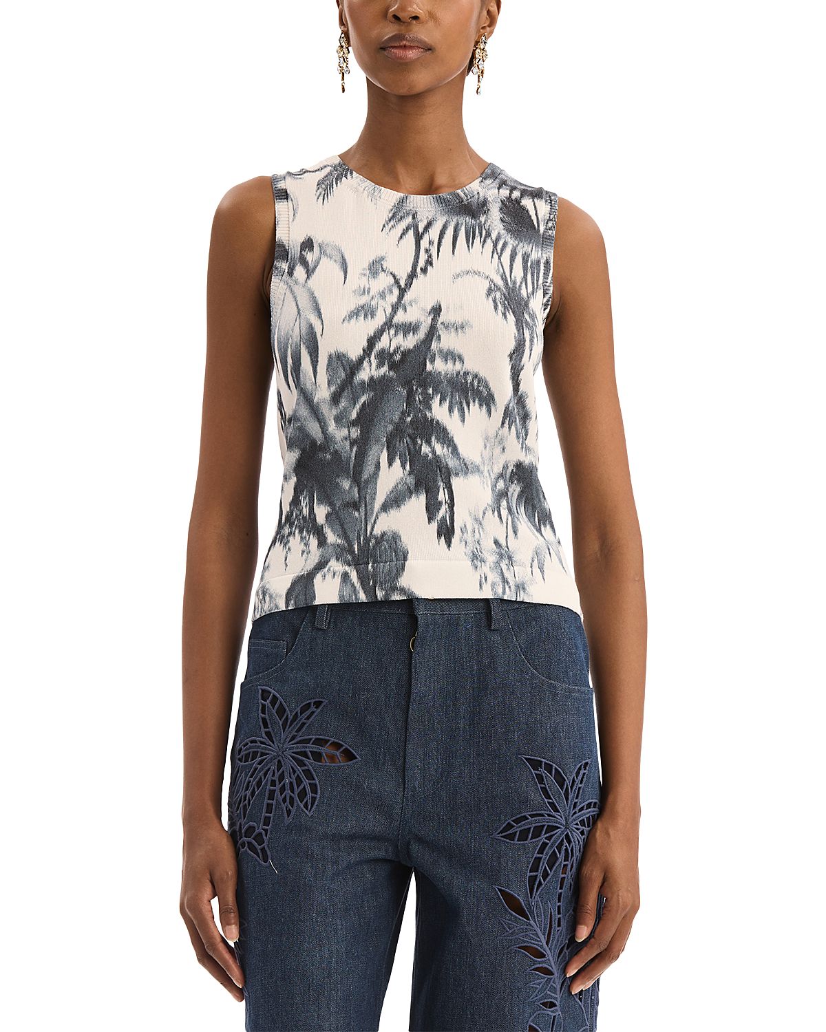Oscar de la Renta Dotted Palm Leaf Knit Tank Top