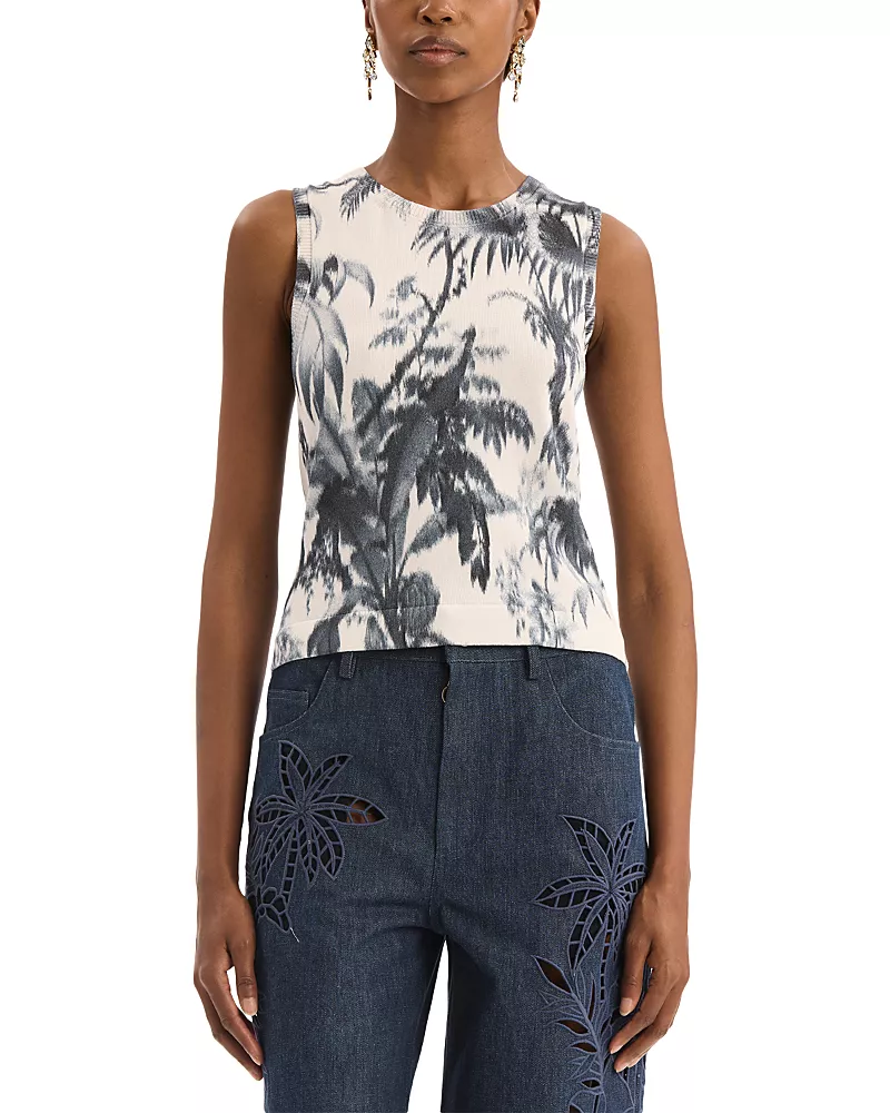 Oscar de la Renta Dotted Palm Leaf Knit Tank Top