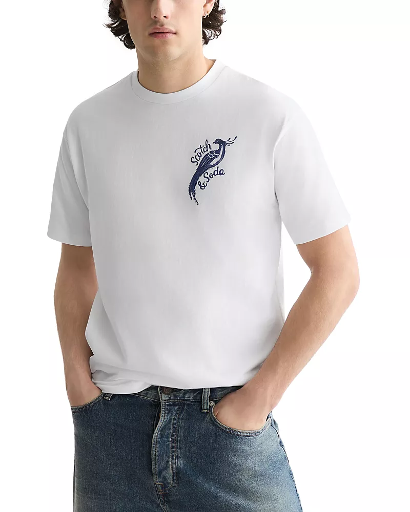 Scotch & Soda Delfts Blauw Front and Back Artwork Relaxed Fit T Shirt