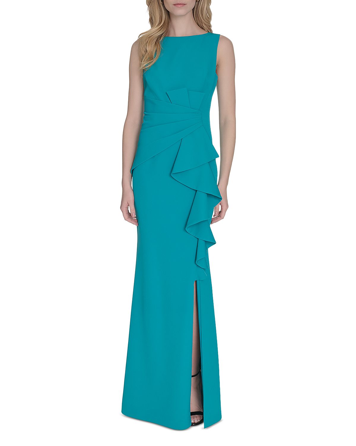 Eliza J Sleeveless Cascading-Ruffle Gown