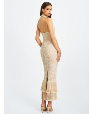  Faelyn Double Fringe Crochet Halter Maxi Dress