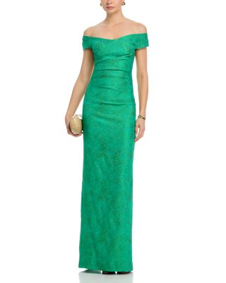 Shimmer Jacquard Off Shoulder Ruched Gown