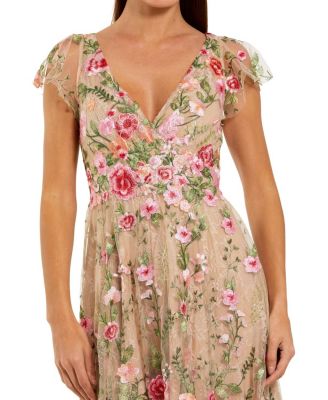 Embroidered Cap Sleeve V Neck Ankle Dress