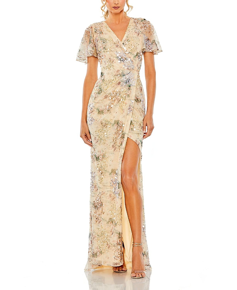 Mac Duggal Flutter Sleeve Embellished Evening Gown
