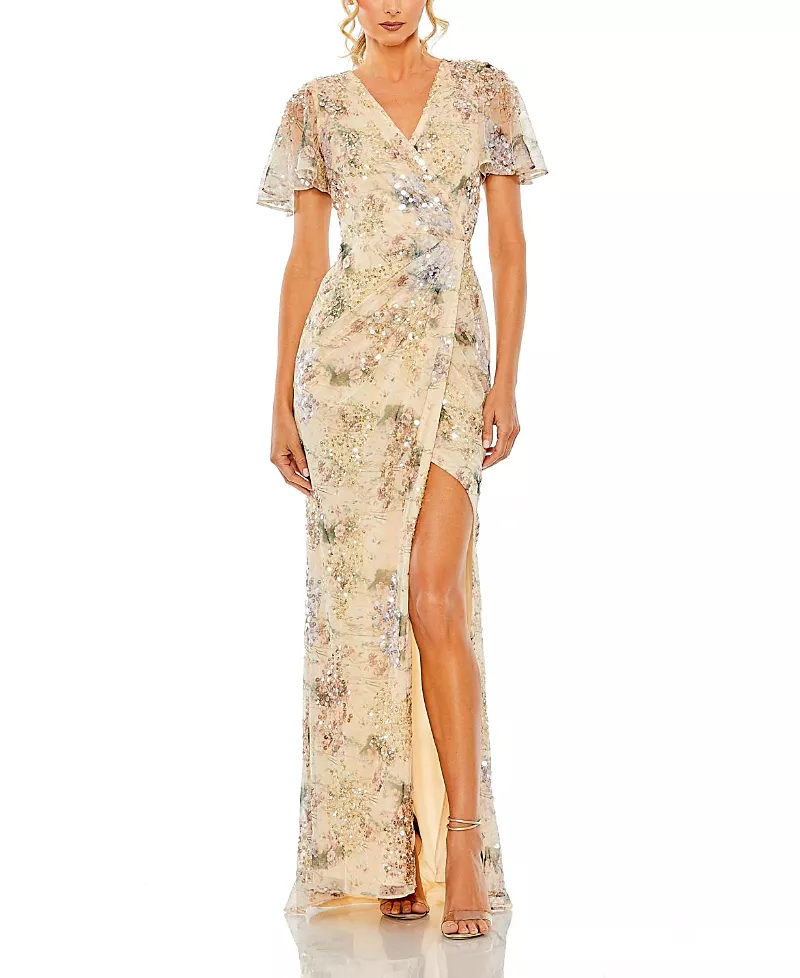 Mac Duggal Flutter Sleeve Embellished Evening Gown