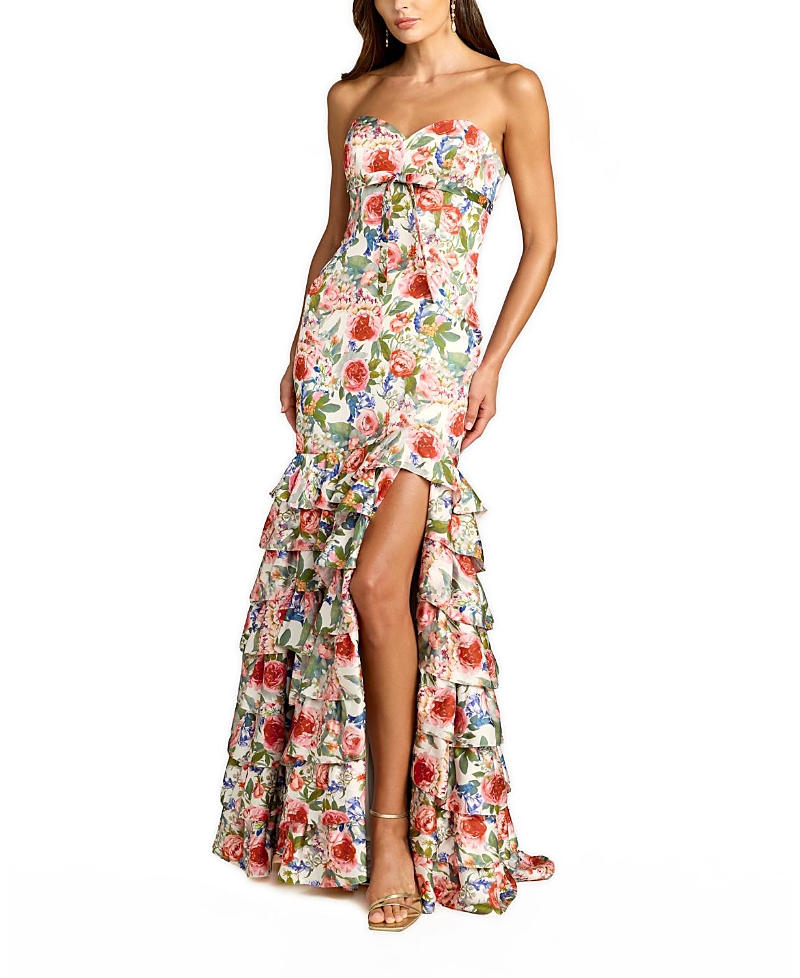 Mac Duggal Strapless Floral Charmeuse Ruffle A Line Gown