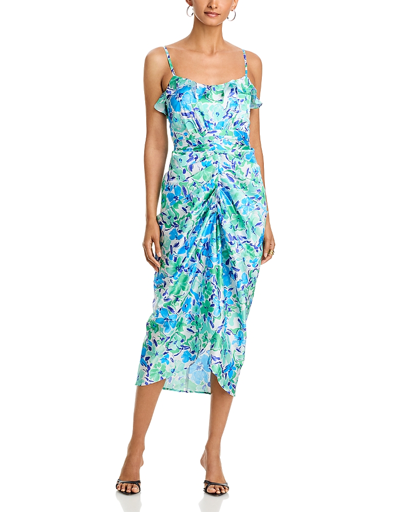 Aqua Floral Ruffle Tie Waist Midi Dress - Exclusive