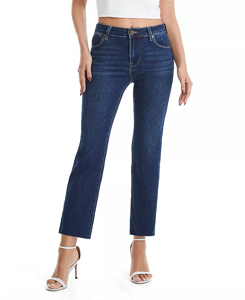 Bayeas Mid Rise Straight Raw Hem Edge Denim Jeans in Dark Blue Wash