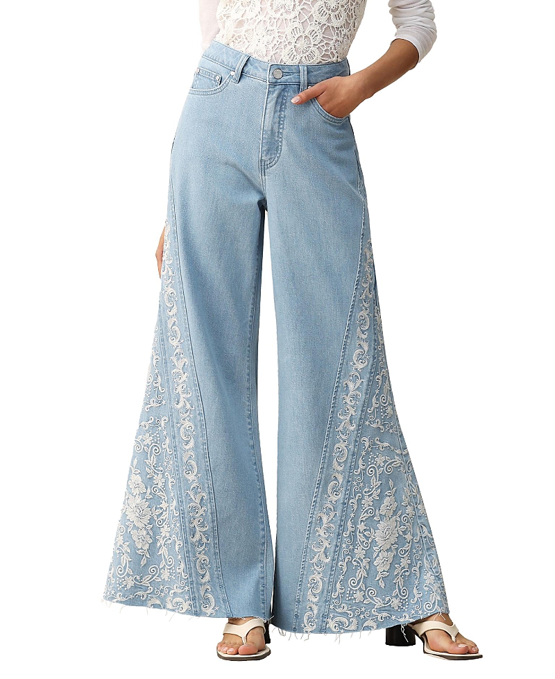 Bayeas High Rise Flare Jeans Botanical Embroidery with Raw Hem in Light Blue Wash