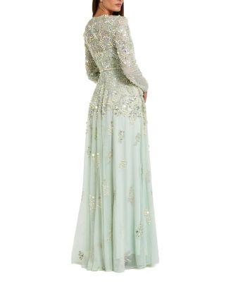  Long Sleeve Sequin and Pearl Embellished Gown