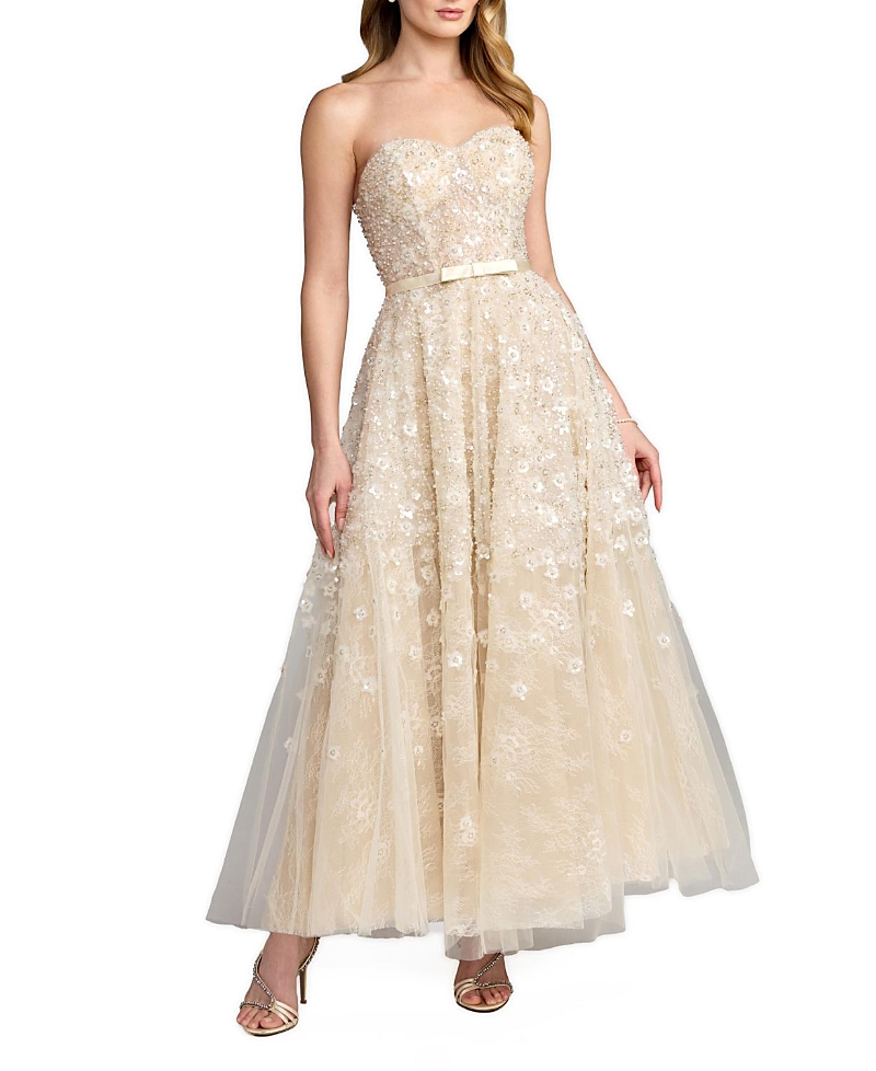 Mac Duggal Sequin Floral Strapless A Line Midi Dress