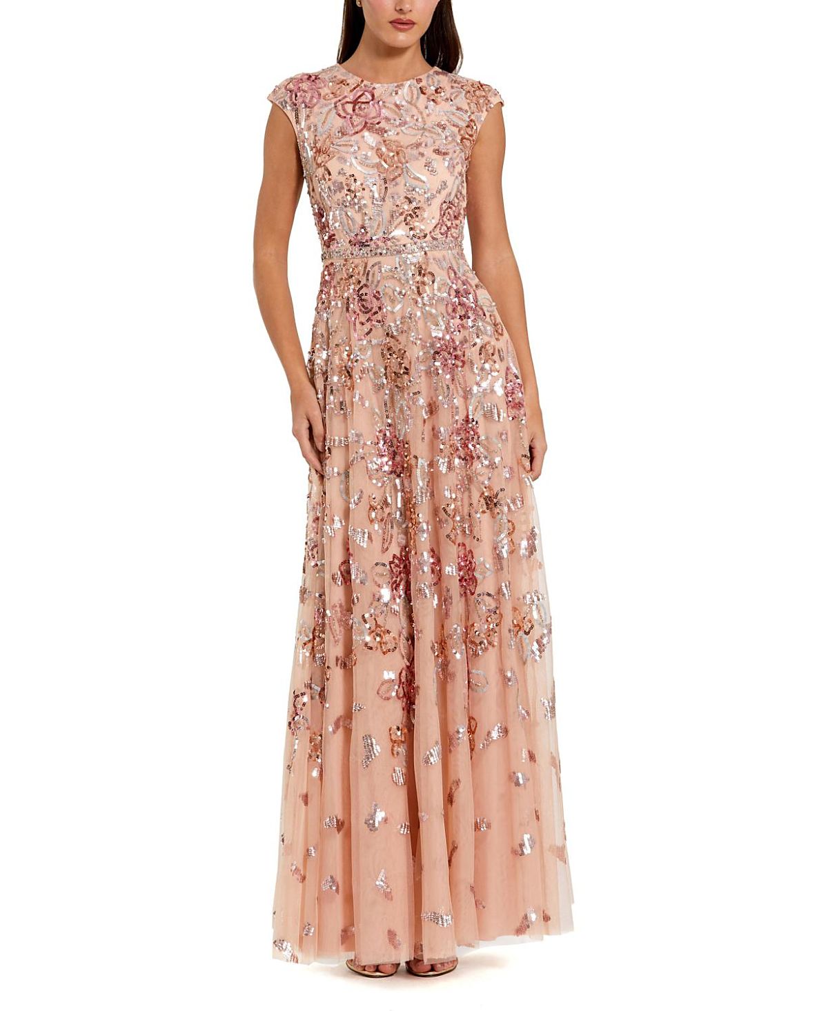 Mac Duggal Sequined High Neck Cap Sleeve A Line Gown