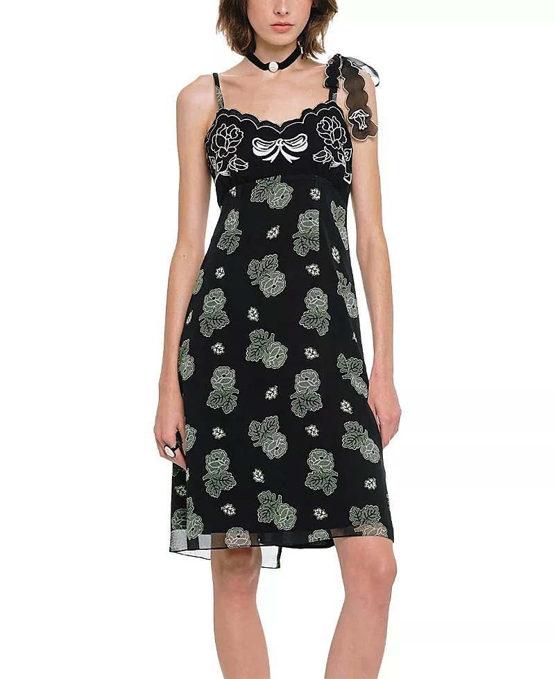 Anna Sui Lily and Roses Chiffon Combo Embroidered Slip Dress