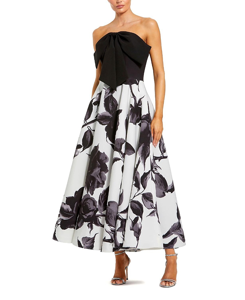 Mac Duggal Crepe Printed Strapless Midi Dress With Bow