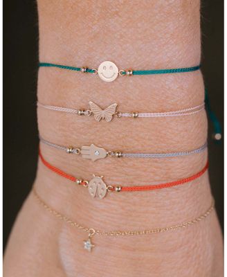 14K Yellow Gold Midi Bitty Diamond Hamsa Gray Silk Cord Bracelet