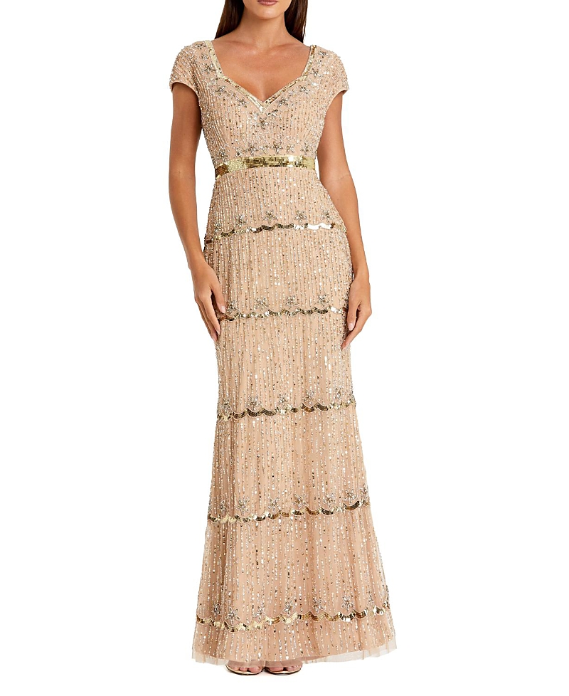 Mac Duggal Petite Beaded Sweetheart Cap Sleeve Tiered Gown