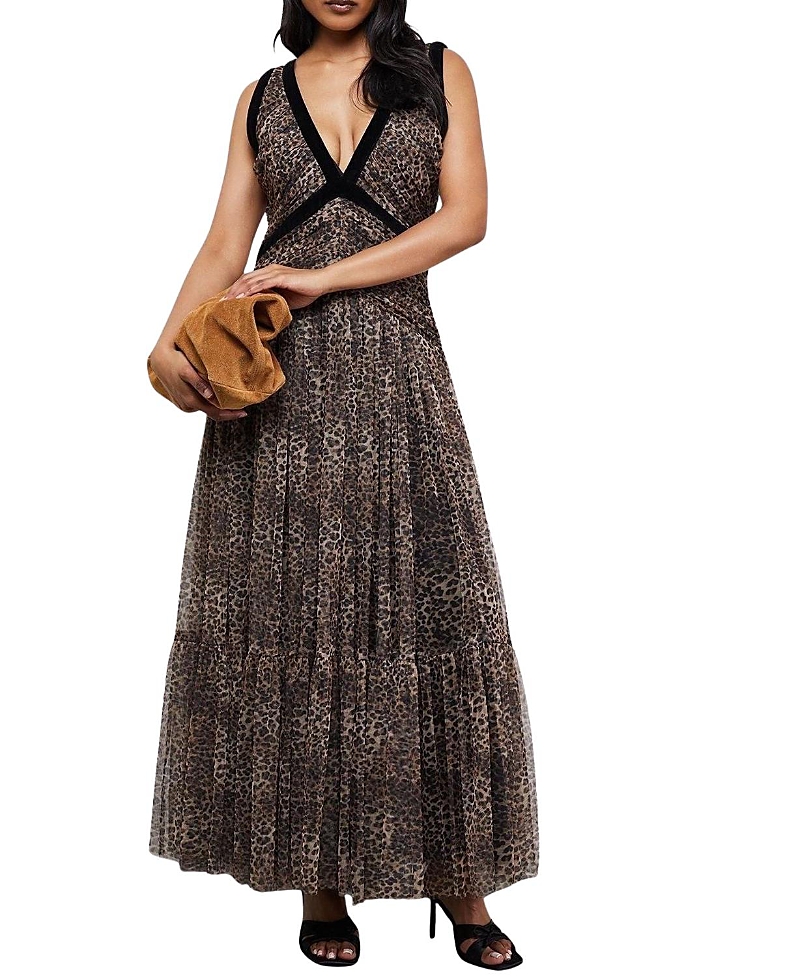 Warehouse Velvet Trim Leopard Tulle Maxi Dress
