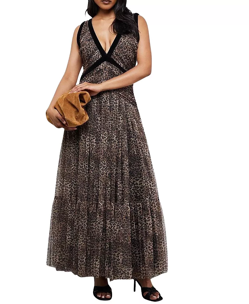 Warehouse Velvet Trim Leopard Tulle Maxi Dress