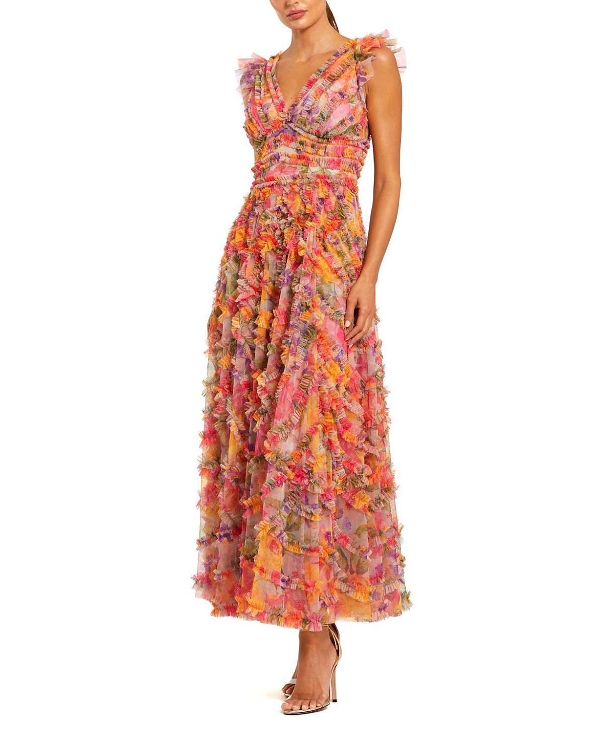 Mac Duggal Petite Multicolor Floral V-Neck Ruffle Maxi Dress