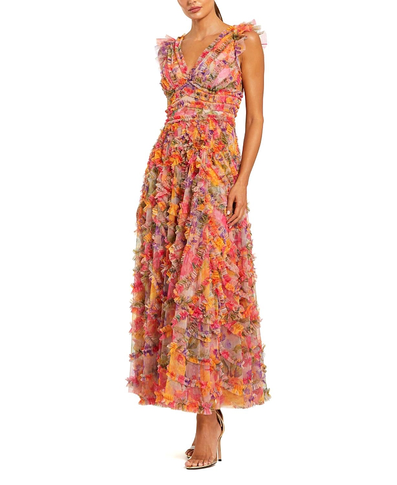Mac Duggal Petite Multicolor Floral V-Neck Ruffle Maxi Dress