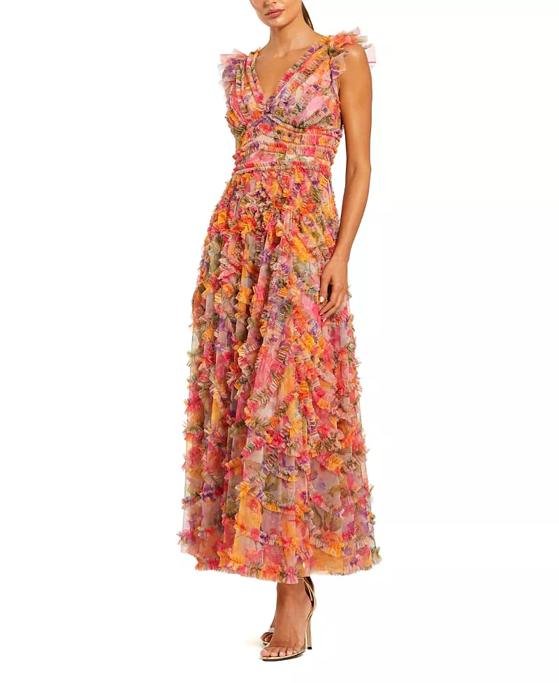 Mac Duggal Petite Multicolor Floral V-Neck Ruffle Maxi Dress