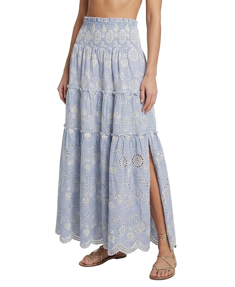 Change of Scenery Charlie Pinstripe Eyelet Smock Waist Slit Skirt