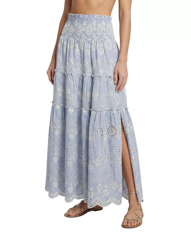 Change of Scenery Charlie Pinstripe Eyelet Smock Waist Slit Skirt
