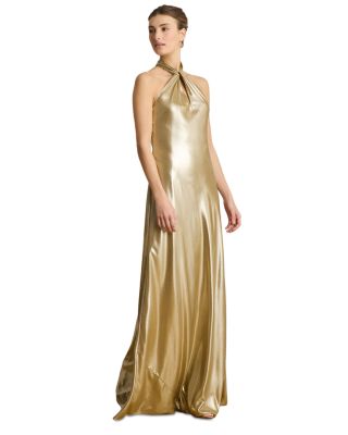 Metallic Chiffon Halter Gown