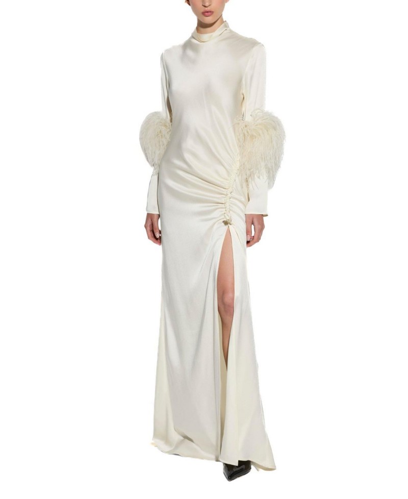 Lapointe Satin Tab with Feathers Gown in Cream