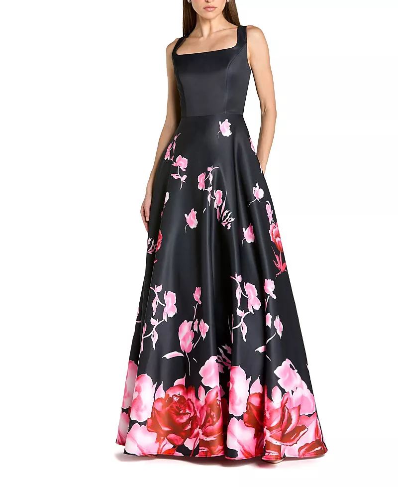Mac Duggal Printed Satin Sleeveless Square Neck Ballgown
