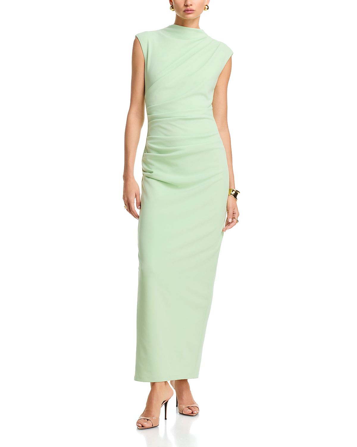 Betsy & Adam Long Scuba Crepe Ruched Mock Neck Dress