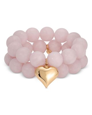 Ettika Luck and Love Heart Charm Stone Beaded Stretch Bracelets. Set of 2