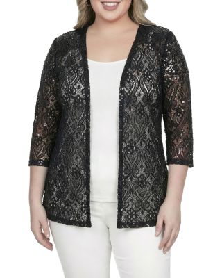 Plus 3/4 Sleeve Sequin Embroidered Floral Lace Cardigan